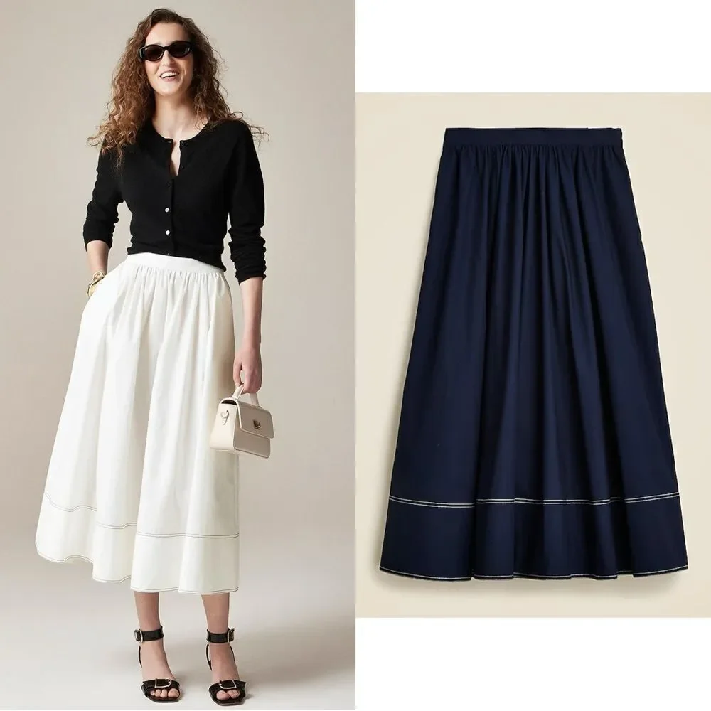 NWT J CREW Contrast-stitch midi skirt in cotton poplin in dark navy
